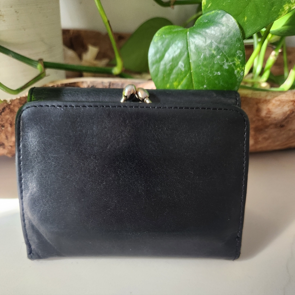 Vintage COACH Black Leather Trifold Multifunction Wallet w/ Kisslock Coin Purse